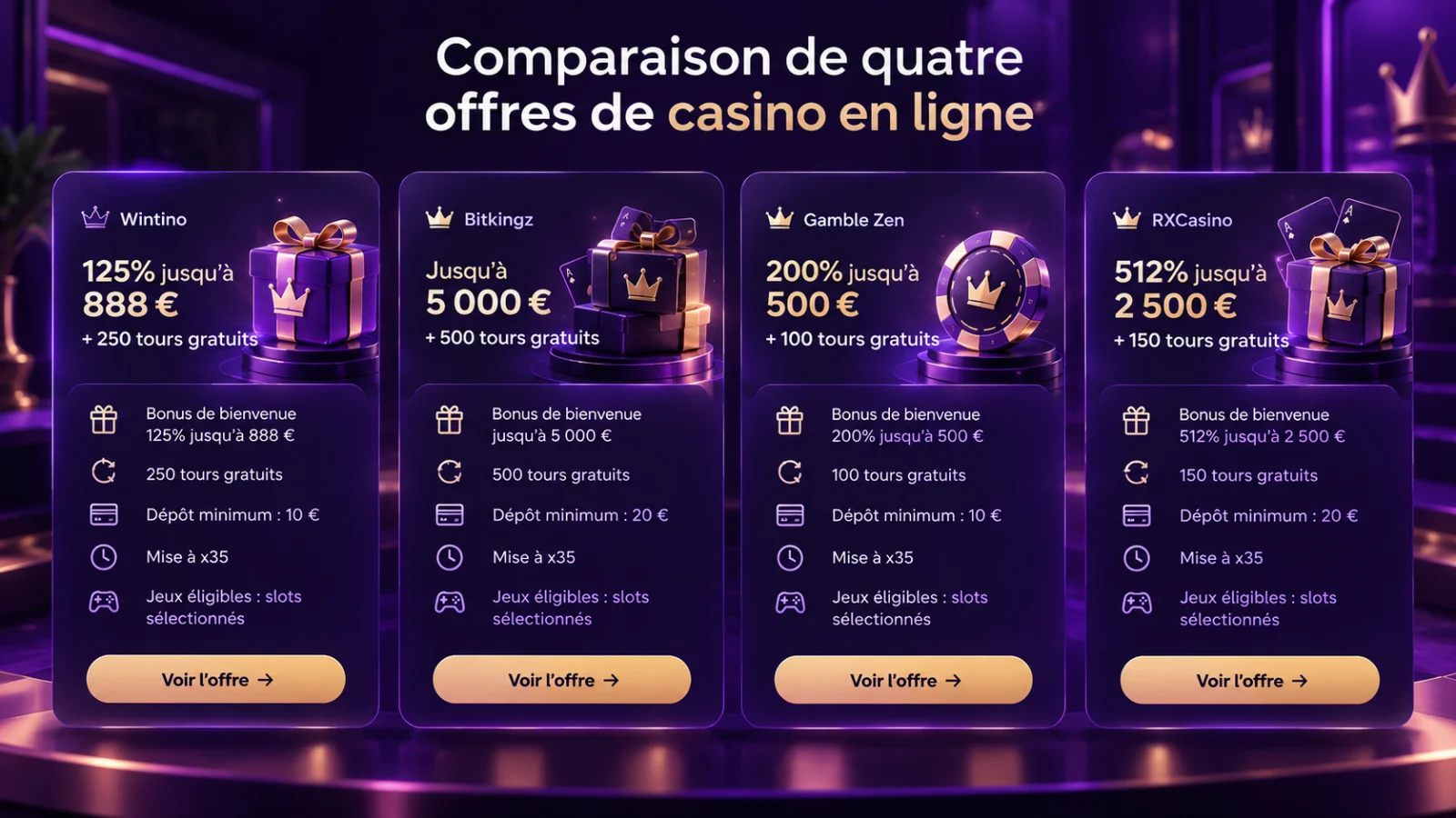 Comparaison de quatre offres de casino en ligne : bonus de bienvenue, tours gratuits et conditions des promotions