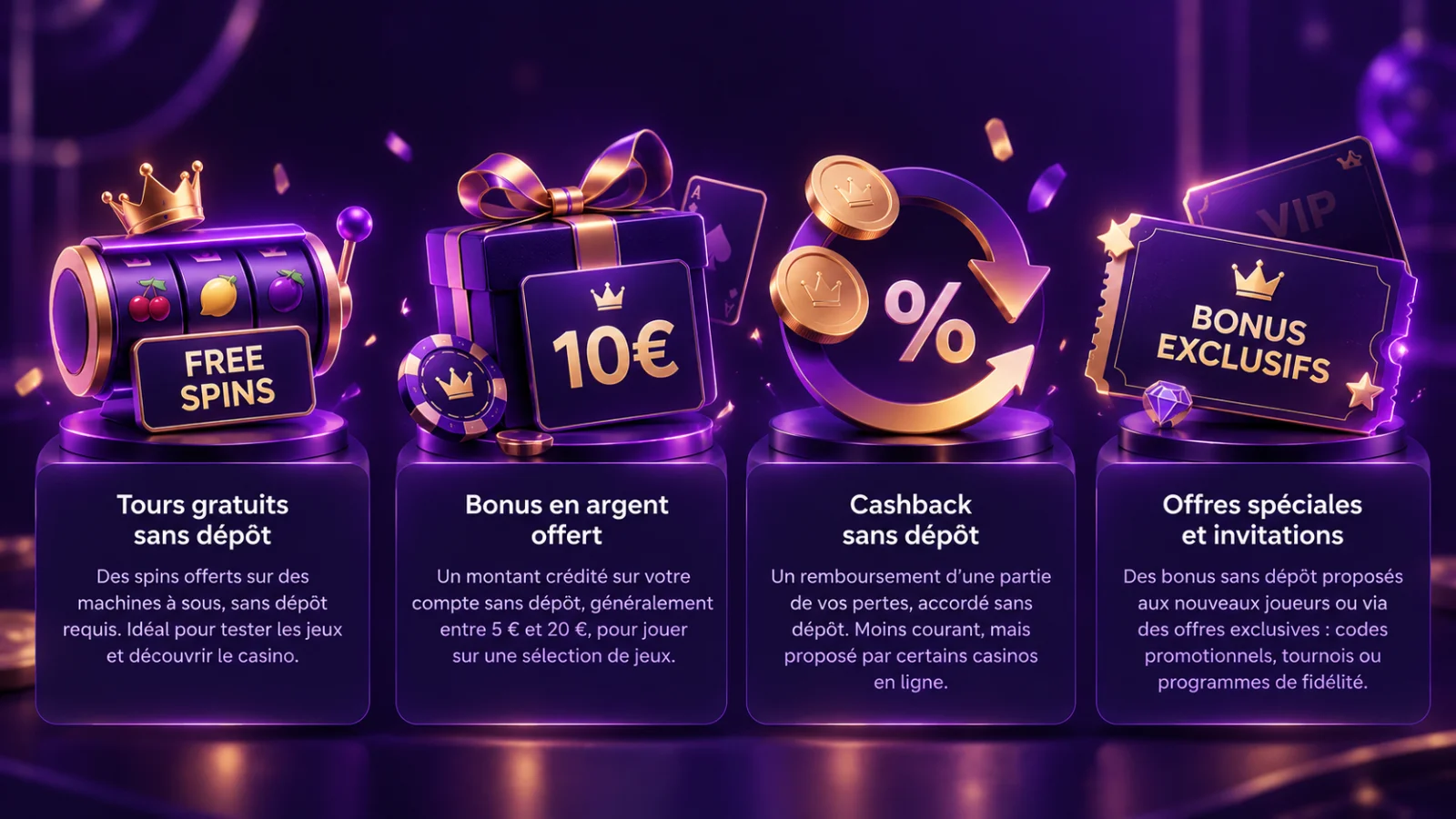 `Types de bonus sans dépôt au casino en ligne : tours gratuits, bonus en argent, cashback et offres exclusives`